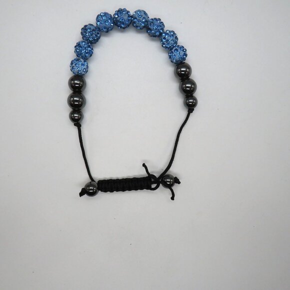 Beaded Bracelet Blue Rhinestone Encrusted Black Beads Adjustable Slide - Picture 6 of 7